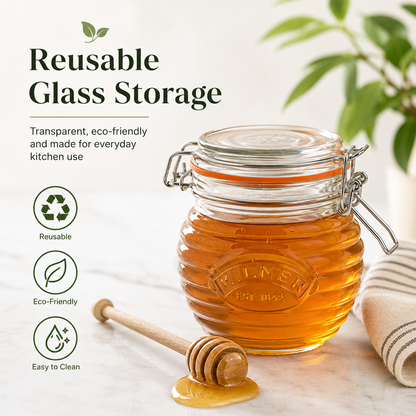 Kilner 350 ml Airtight Premium Honey Glass Jar with Dipper Ideal for Storing and Serving Syrups