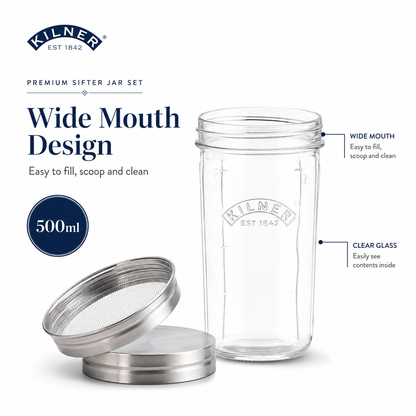 Kilner Premium 500ml  Wide Mouth Sifter Jar Set  for Baking, Flour, Cocoa, Spices, Sugar Storage