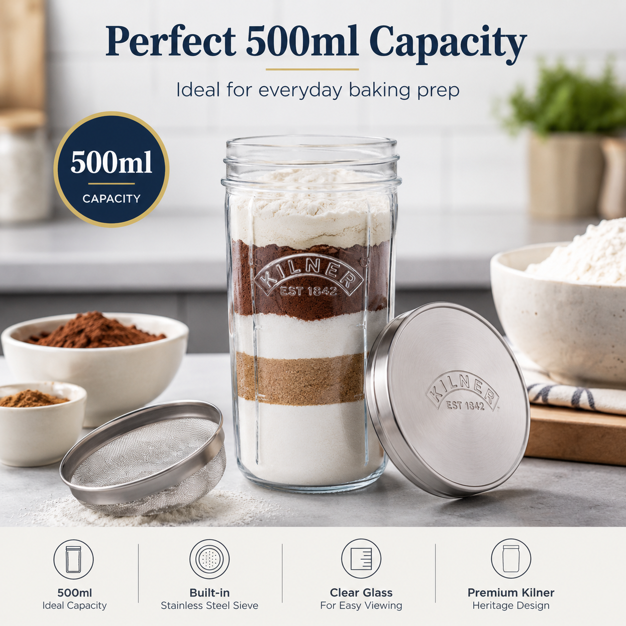 Kilner Premium 500ml  Wide Mouth Sifter Jar Set  for Baking, Flour, Cocoa, Spices, Sugar Storage - 3