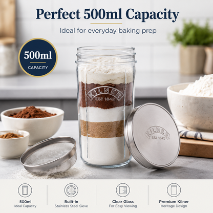 Kilner Premium 500ml  Wide Mouth Sifter Jar Set  for Baking, Flour, Cocoa, Spices, Sugar Storage