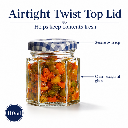 Kilner Premium 110ml Hexagonal Airtight Twist Top Glass Jar for Pickle, Chutneys, Sauces