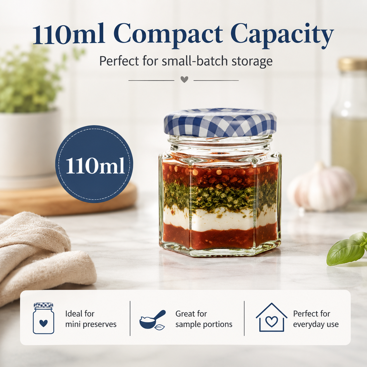 Kilner Premium 110ml Hexagonal Airtight Twist Top Glass Jar for Pickle, Chutneys, Sauces