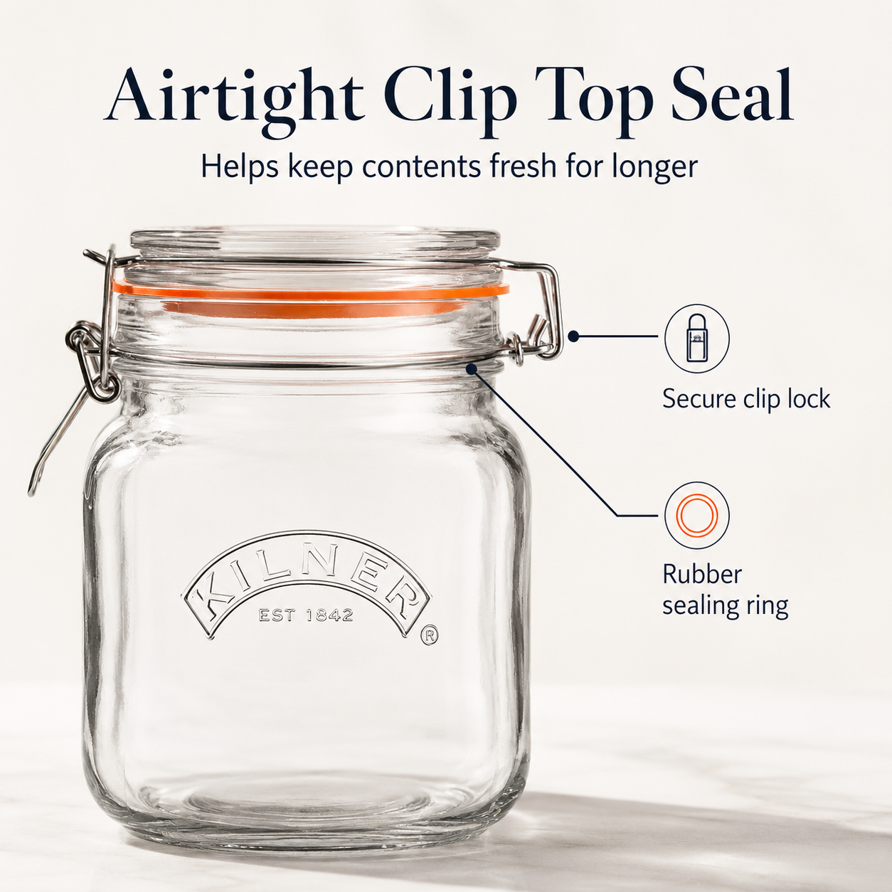 Kilner  1L Airtight Square Wire Clip Top Premium Food Storage Container Jar for Kitchen