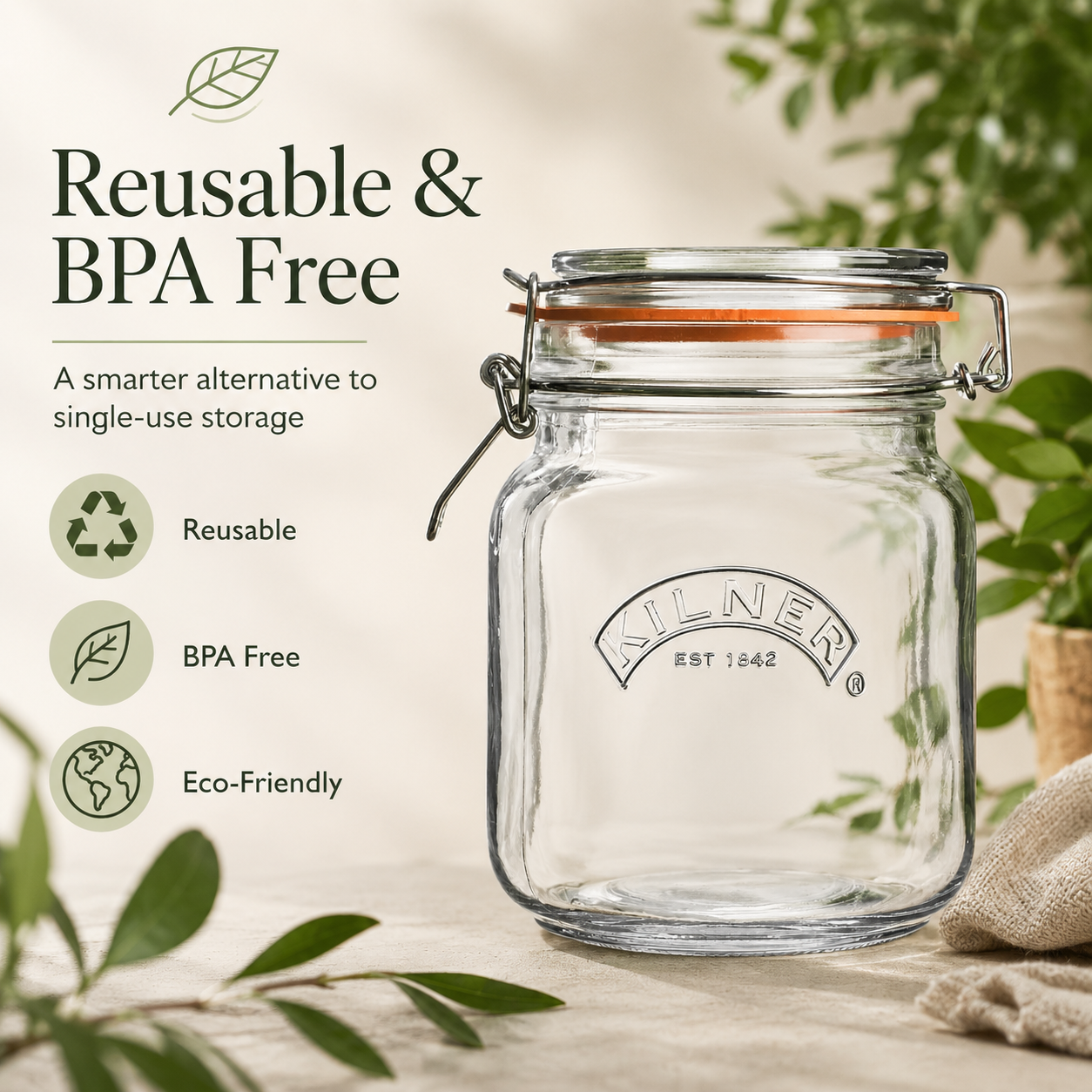 Kilner  1L Airtight Square Wire Clip Top Premium Food Storage Container Jar for Kitchen