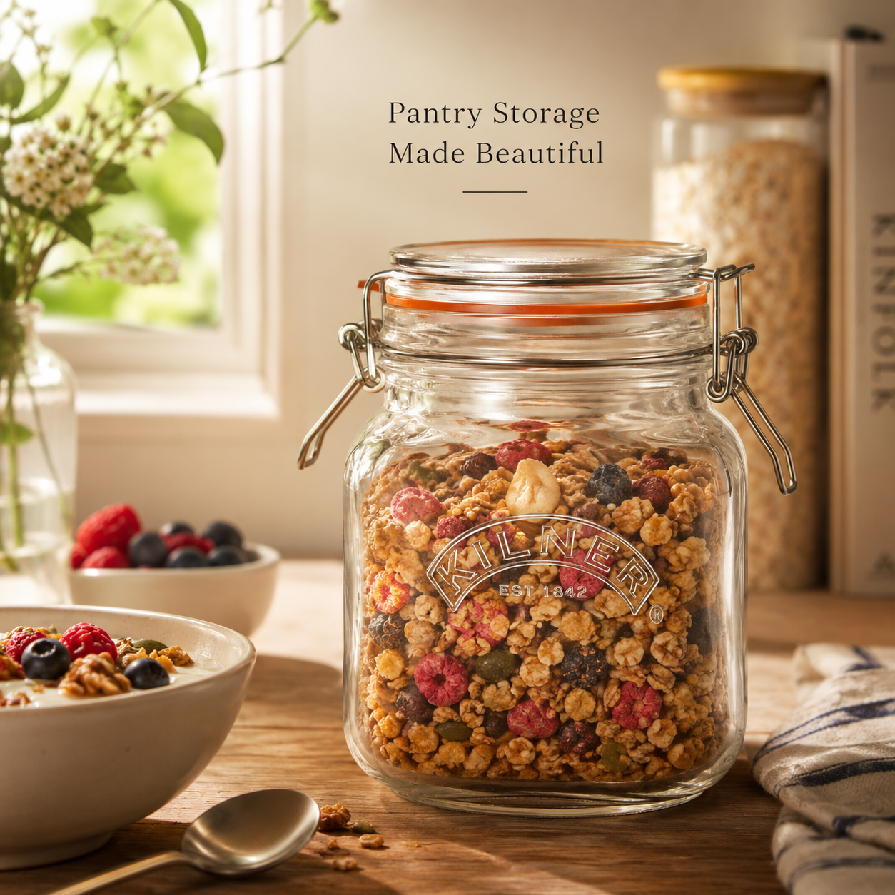 Kilner  1L Airtight Square Wire Clip Top Premium Food Storage Container Jar for Kitchen