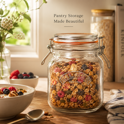 Kilner  1L Airtight Square Wire Clip Top Premium Food Storage Container Jar for Kitchen