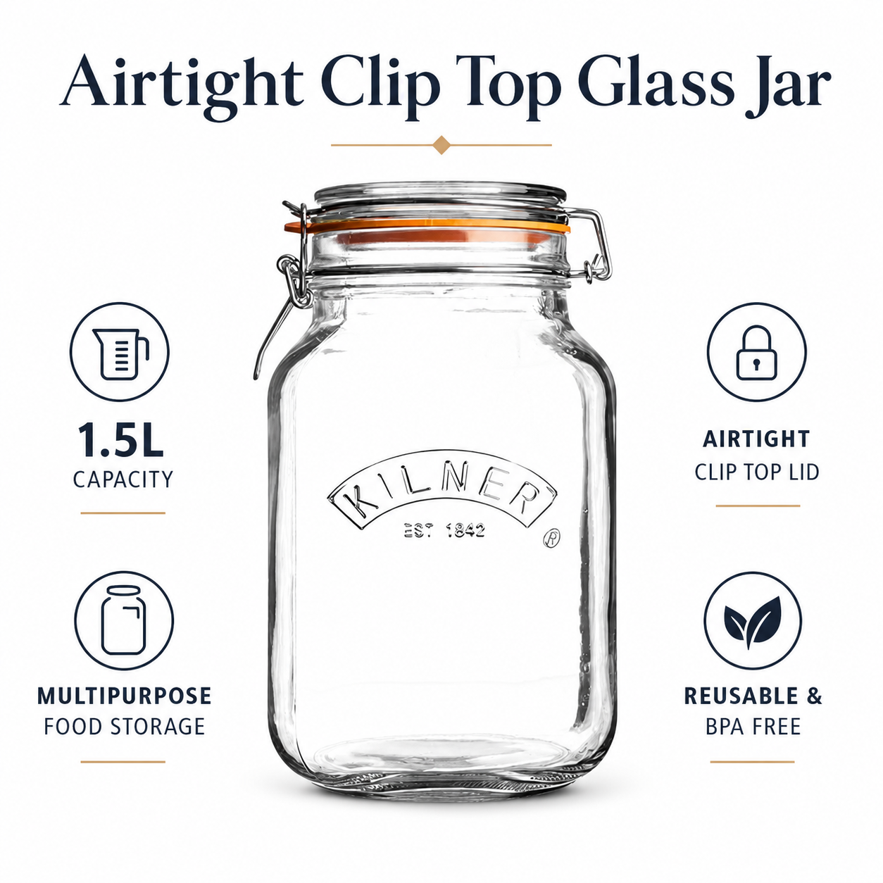 Kilner 1.5L Airtight Square Wire Clip Top Premium Food Storage Container Jar for Kitchen