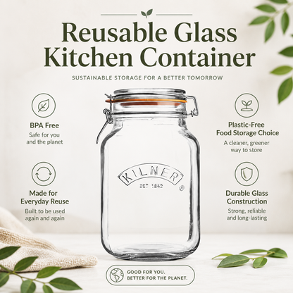 Kilner 1.5L Airtight Square Wire Clip Top Premium Food Storage Container Jar for Kitchen