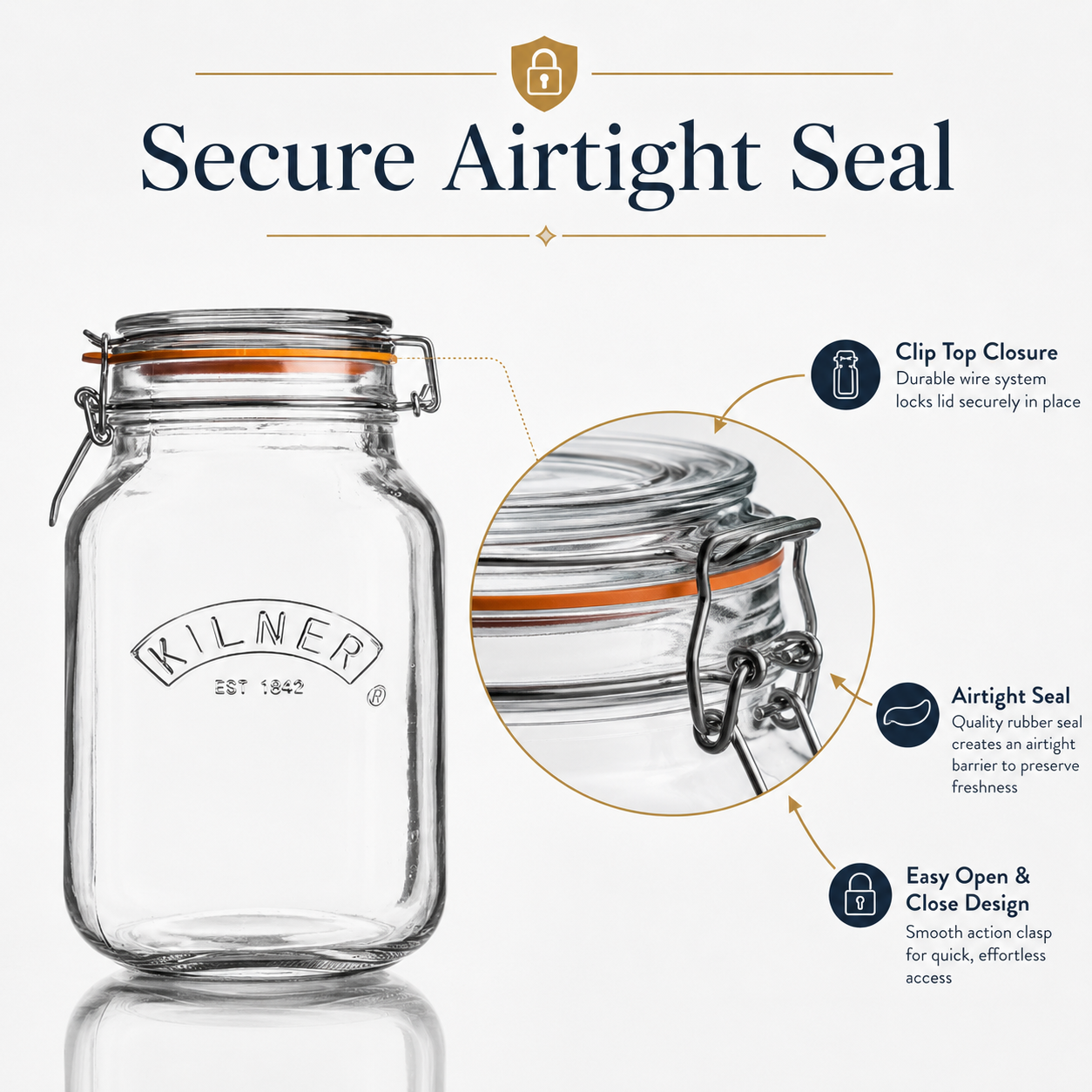 Kilner 1.5L Airtight Square Wire Clip Top Premium Food Storage Container Jar for Kitchen - 5