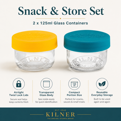 Kilner Premium 2 x 125ml Transparent AirtightTwist Lock Glass Containers Set Ideal for Snacks, Cut Fruits, Dips
