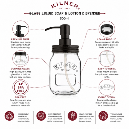 Kilner Premium Refillable 500ml Glass Dispenser Bottle with Stainless Steel Pump for Liquid Soap & Lotion