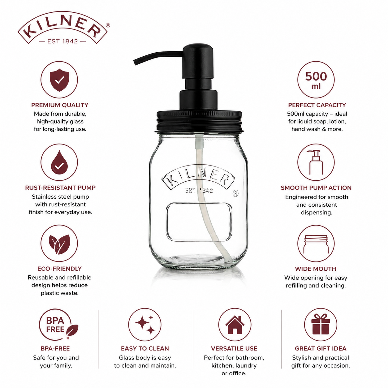 Kilner Premium Refillable 500ml Glass Dispenser Bottle with Stainless Steel Pump for Liquid Soap & Lotion