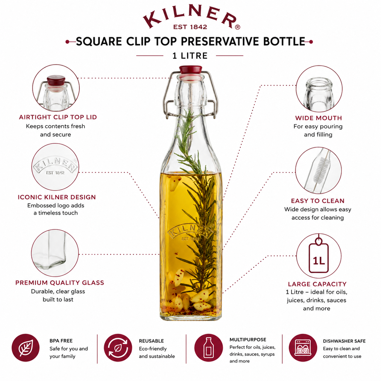 Kilner Premium 1L Square Clip top Airtight Preservative Glass Bottle or Oils, Juices, Drinks, Sauces