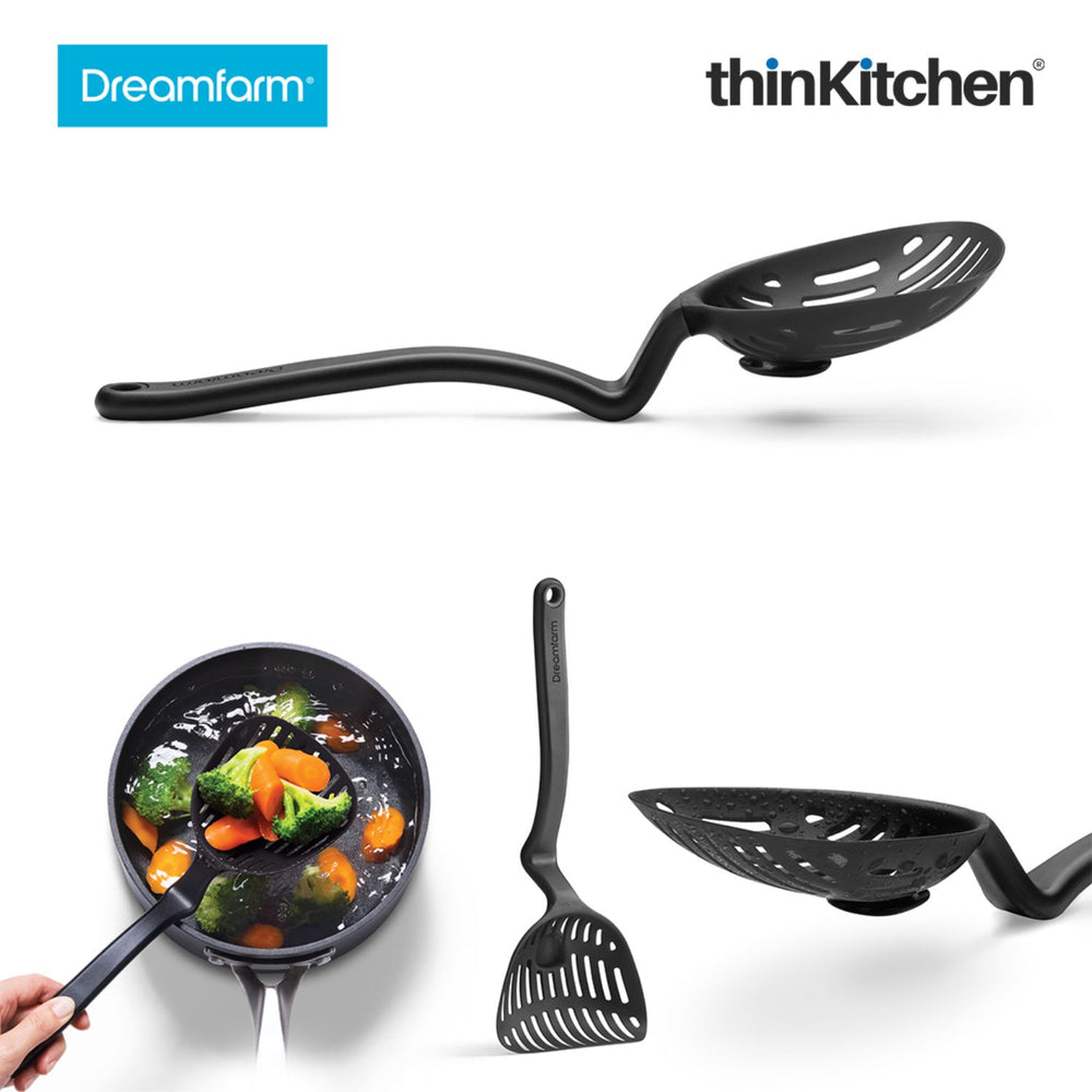 Dreamfarm 13.7" Premium Flexible Black Slotted Sit-Up Cooking Spoon, Ladle, Scoop & Strainer, Non Stick, Nylon - LESTRAIN