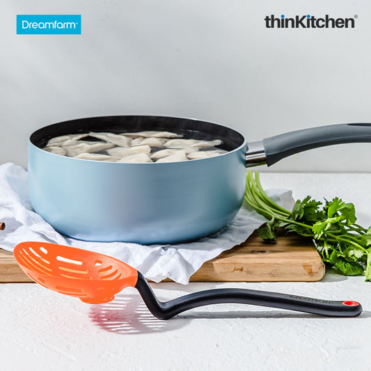 Dreamfarm 13.7" Premium Flexible Orange Slotted Sit-Up Cooking Spoon, Ladle, Scoop & Strainer, Non Stick, Nylon - LESTRAIN