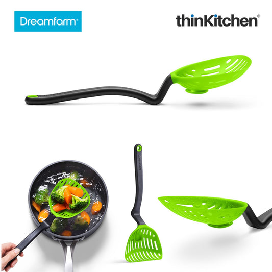 Dreamfarm 13.7" Premium Flexible Green Slotted Sit-Up Cooking Spoon, Ladle, Scoop & Strainer, Non Stick, Nylon - LESTRAIN