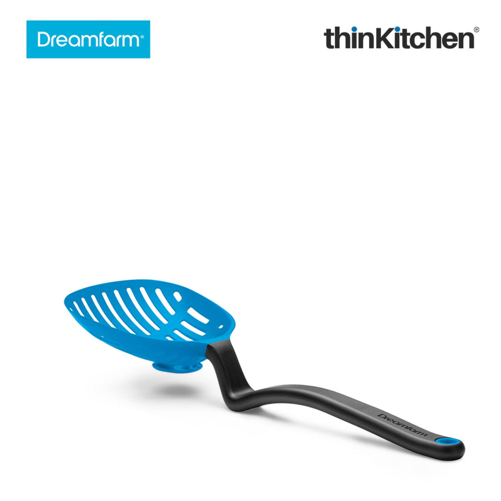 Dreamfarm 13.7" Premium Flexible Blue Slotted Sit-Up Cooking Spoon, Ladle, Scoop & Strainer, Non Stick, Nylon - LESTRAIN