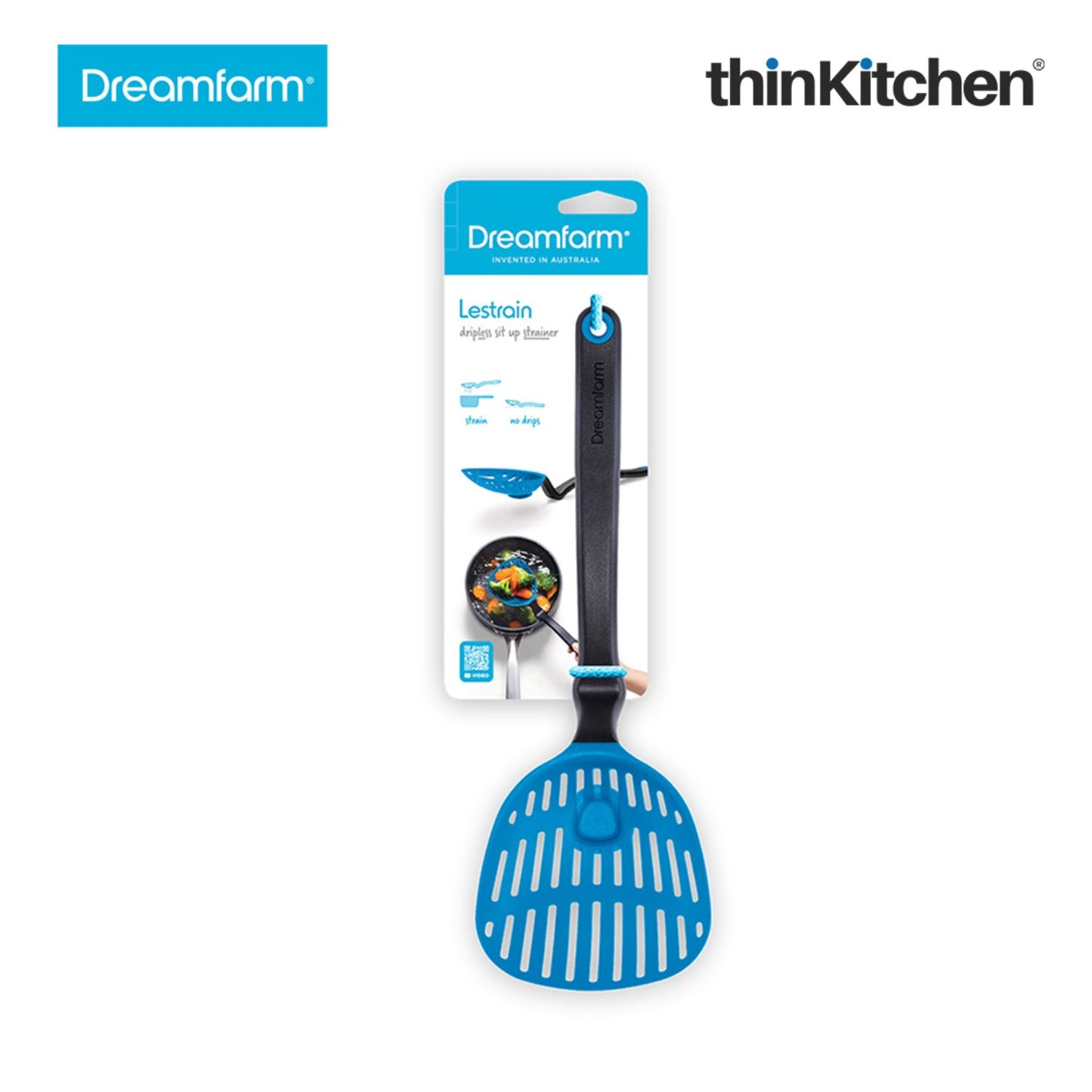 Dreamfarm Lestrain Drip Catching Sit Up Scoop Strainer Keeps Bench Tops Mess Free Flexible Dripless Slotted Spoon Food Strainer Blue