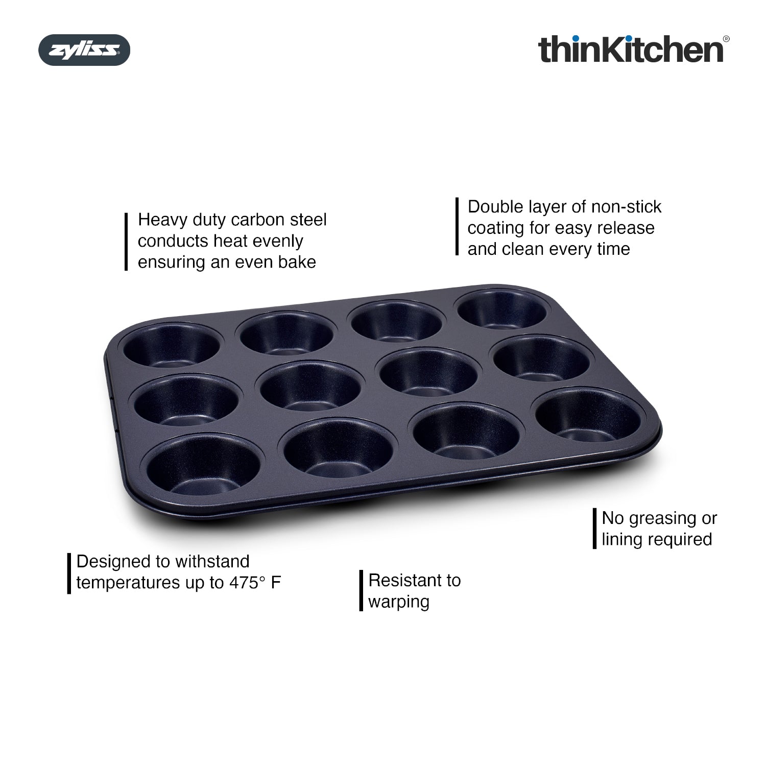Zyliss 12 Hole Non-Stick Muffin Tin | Premium Carbon Steel Baking Pan For Muffins & Mini Cakes, Blue - 4