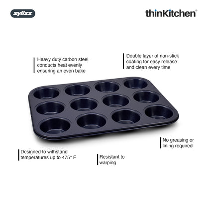 Zyliss 12 Hole Non-Stick Muffin Tin | Premium Carbon Steel Baking Pan For Muffins & Mini Cakes, Blue