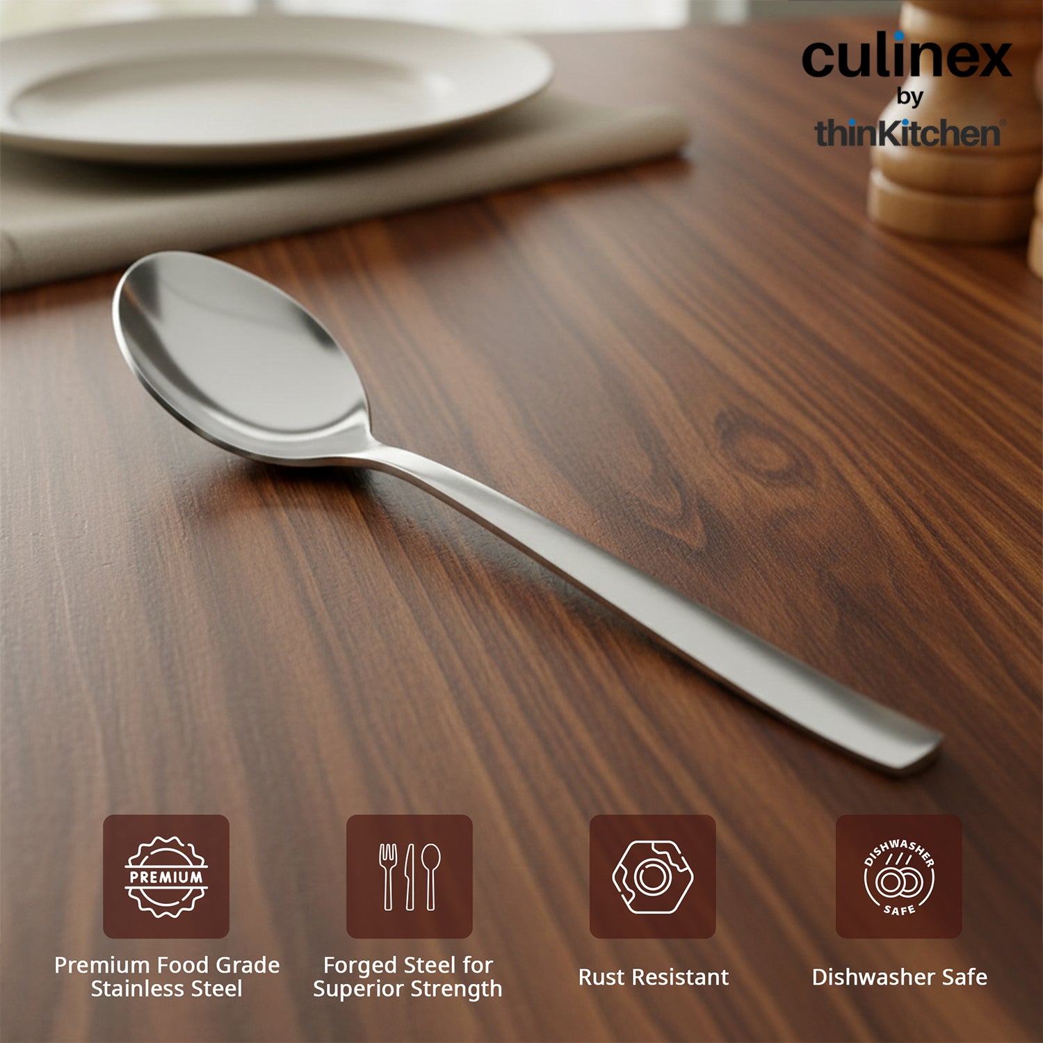 Culinex by thinKitchen Stainless Steel 7.9" Dinner Spoon Set of 6 for Dining Table, Kitchen | Silver Rustproof Flatware By thinKitchen (Essen) - 4