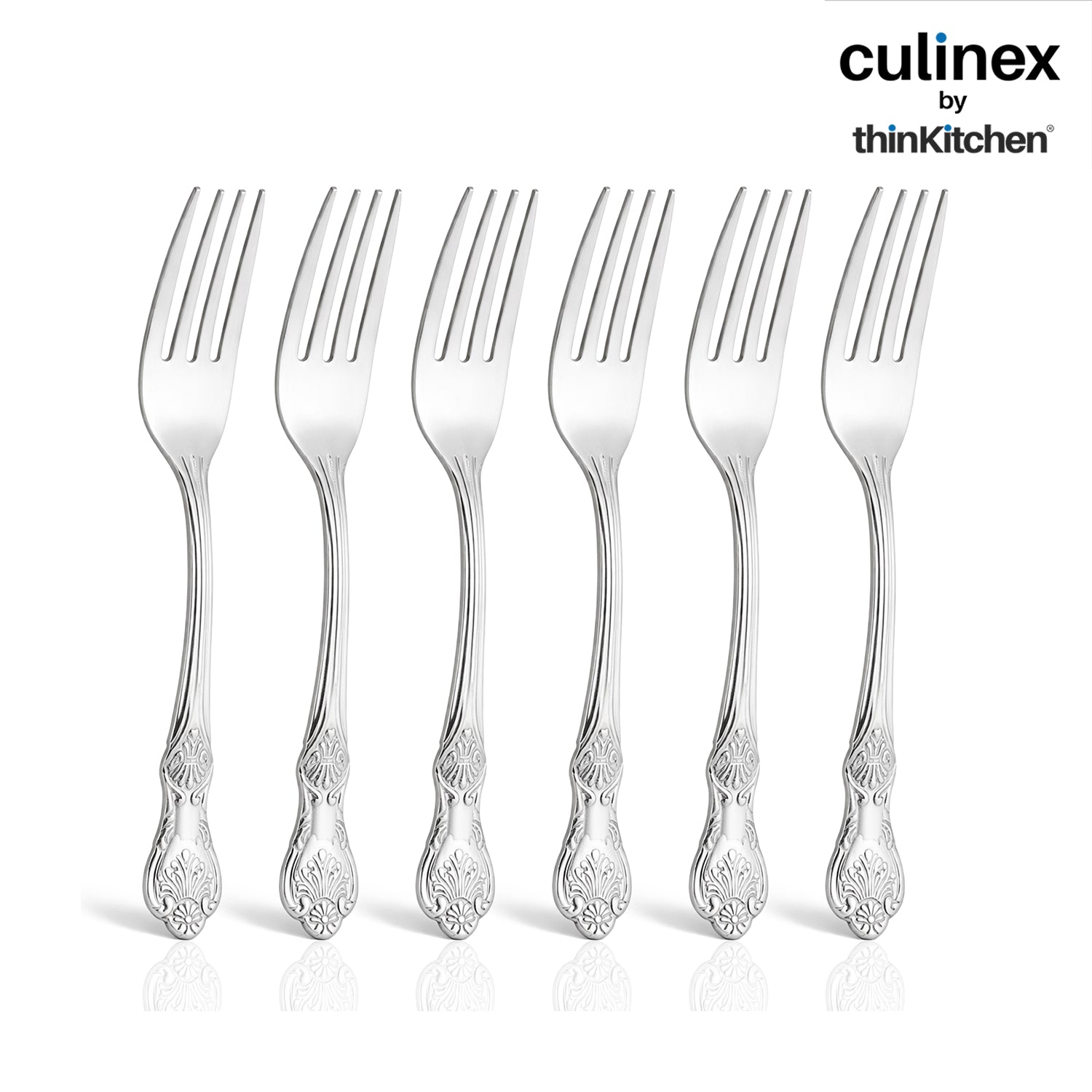 Culinex 18/8 Stainless Steel 6.4" Premium Dessert Fork Set of 6 for Dining Table, Kitchen | Silver Rustproof Flatware By thinKitchen (Fest) - 6