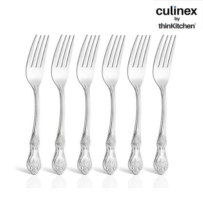 Culinex 18/8 Stainless Steel 6.4" Premium Dessert Fork Set of 6 for Dining Table, Kitchen | Silver Rustproof Flatware By thinKitchen (Fest)
