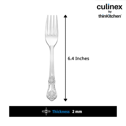 Culinex 18/8 Stainless Steel 6.4" Premium Dessert Fork Set of 6 for Dining Table, Kitchen | Silver Rustproof Flatware By thinKitchen (Fest)