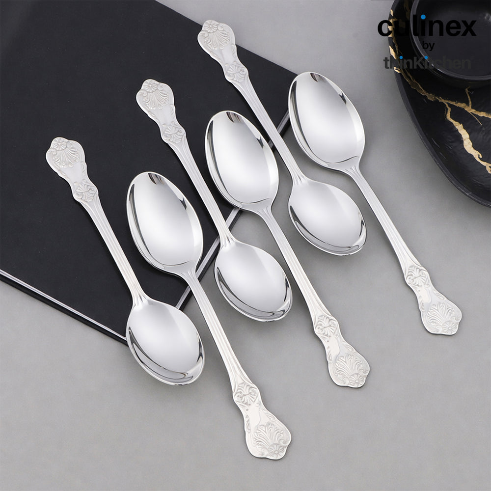 Culinex 18/8 Stainless Steel 6" Premium Dessert Spoon Set of 6 for Dining Table, Kitchen | Silver Rustproof Flatware By thinKitchen (Fest)