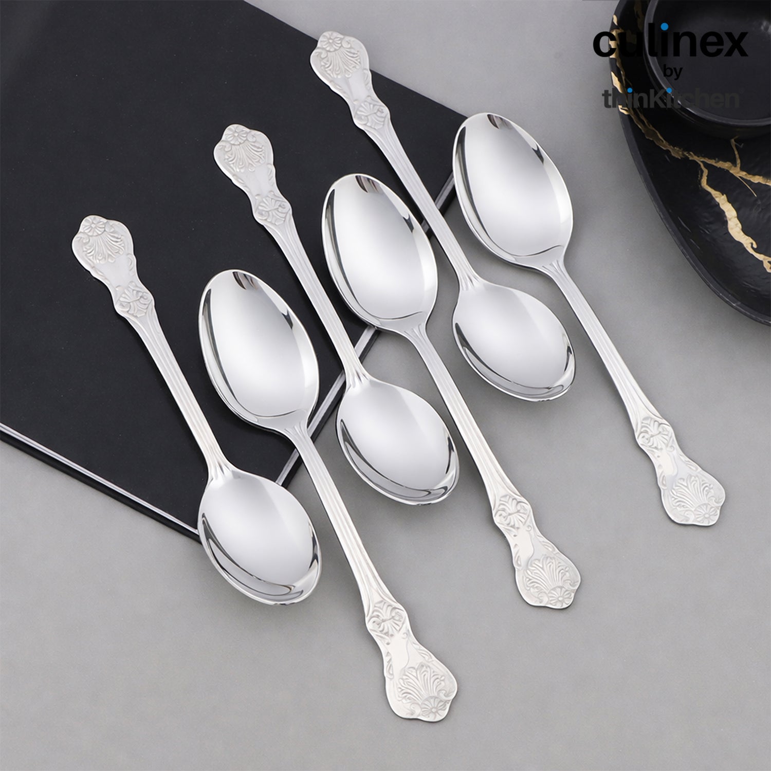 Culinex 18/8 Stainless Steel 6" Premium Dessert Spoon Set of 6 for Dining Table, Kitchen | Silver Rustproof Flatware By thinKitchen (Fest) - 1
