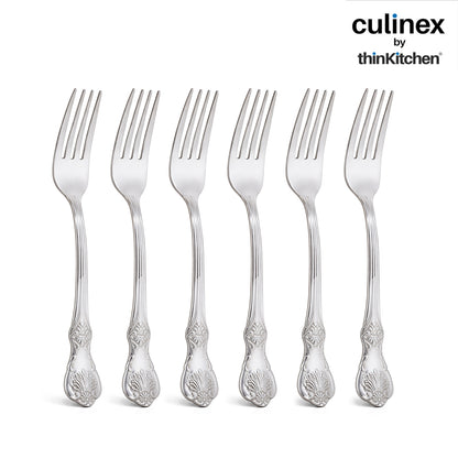 Culinex 18/8 Stainless Steel 7.6" Premium All Purpose Fork Set of 6 for Dining Table, Kitchen| Silver Rustproof Flatware By thinKitchen (Fest)