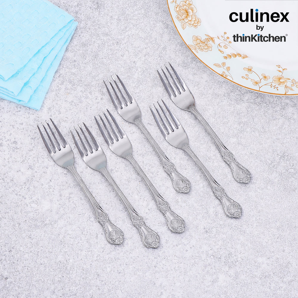 Culinex 18/8 Stainless Steel 7.6" Premium All Purpose Fork Set of 6 for Dining Table, Kitchen| Silver Rustproof Flatware By thinKitchen (Fest)