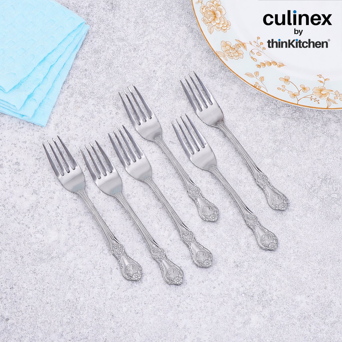 Culinex 18/8 Stainless Steel 7.6" Premium All Purpose Fork Set of 6 for Dining Table, Kitchen| Silver Rustproof Flatware By thinKitchen (Fest)