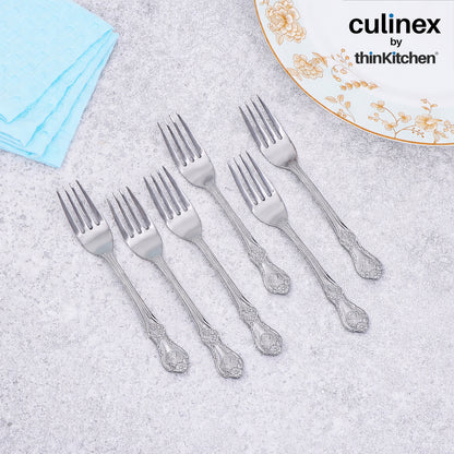 Culinex 18/8 Stainless Steel 7.6" Premium All Purpose Fork Set of 6 for Dining Table, Kitchen| Silver Rustproof Flatware By thinKitchen (Fest)