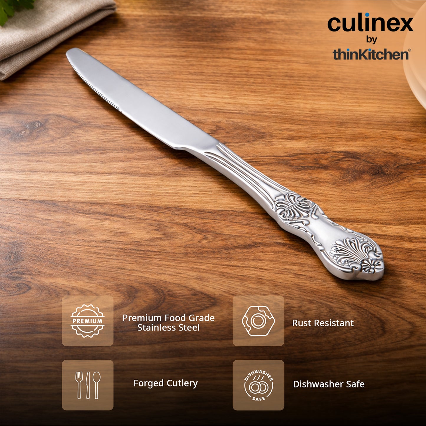Premium Stainless Steel 9.3" Table Knife Set of 2 for Dining Table, Kitchen| Silver Rustproof Flatware By thinKitchen (Fest)