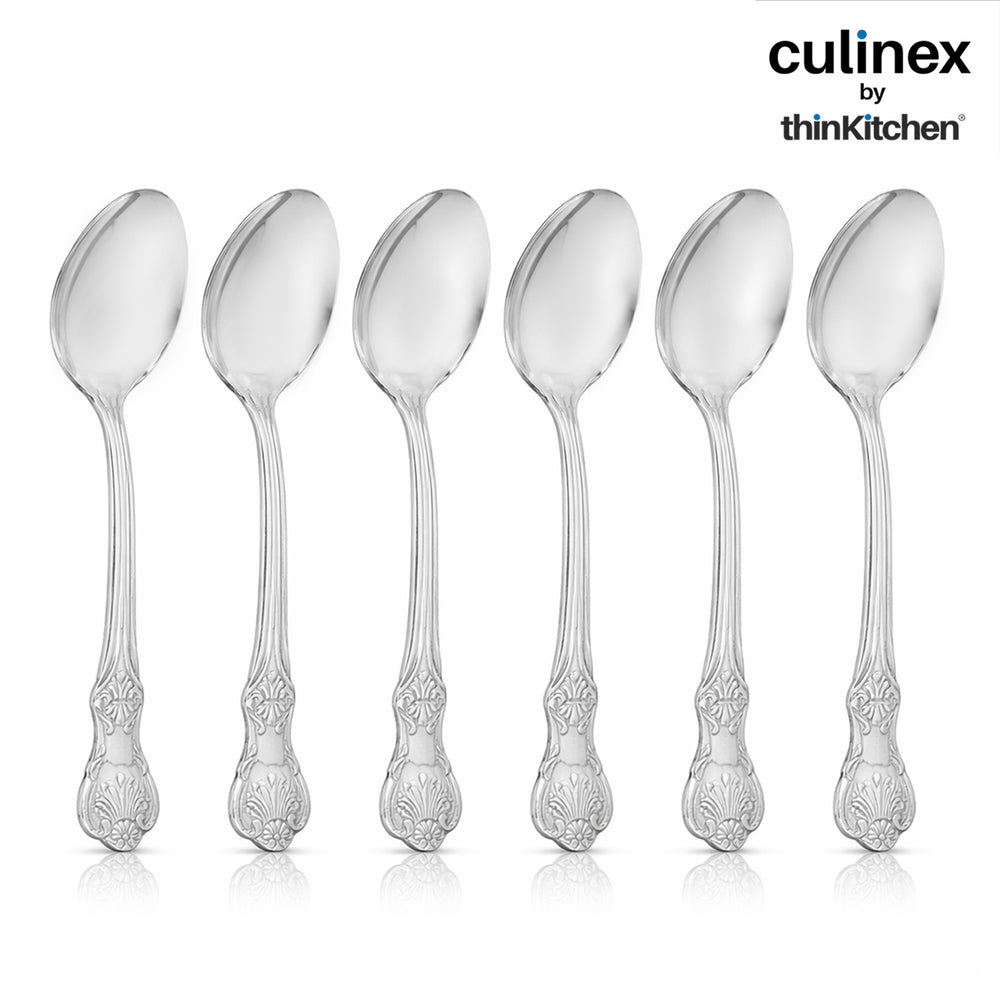Culinex 18/8 Stainless Steel 7.6" Premium Table Spoon Set of 6, Fest|  Silver Rustproof Flatware By thinKitchen