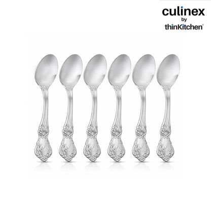 Culinex 18/8 Stainless Steel 4.4" Premium Coffee Tea Spoon Set of 6, Fest| Silver Rustproof Flatware By thinKitchen