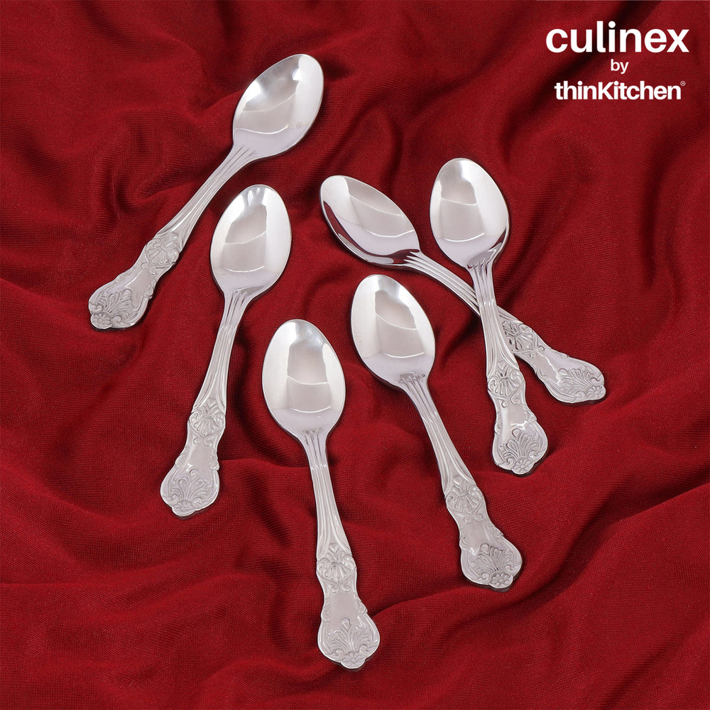 Culinex 18/8 Stainless Steel 4.4" Premium Coffee Tea Spoon Set of 6, Fest| Silver Rustproof Flatware By thinKitchen