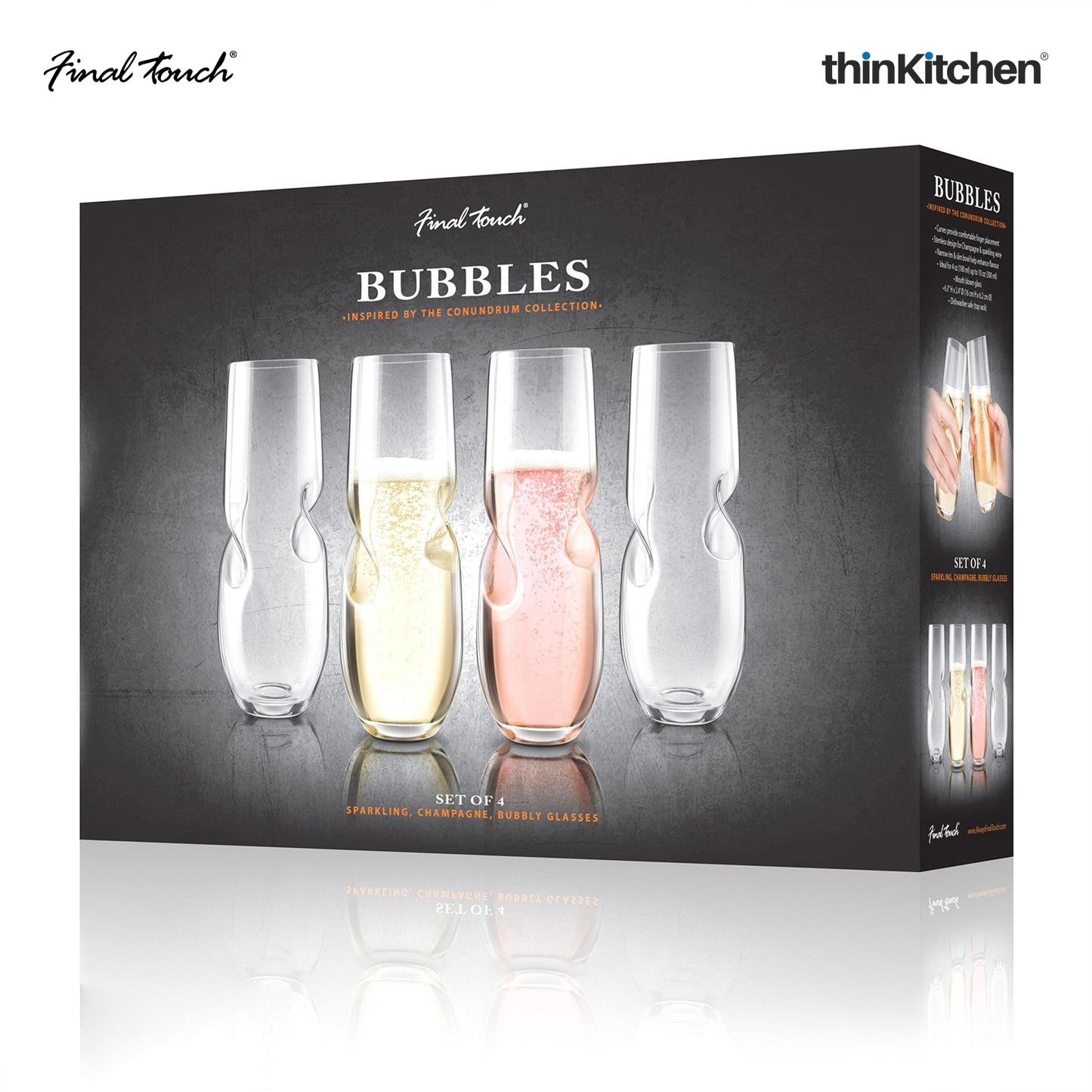 Final Touch Bubbles Sparkling Wine Champagne Stemless Glasses Set Of 4
