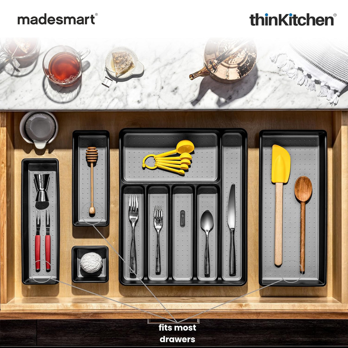 Madesmart Classic 3 Bin Drawer Organizer Set With Soft Grip Lining, Carbon - 7