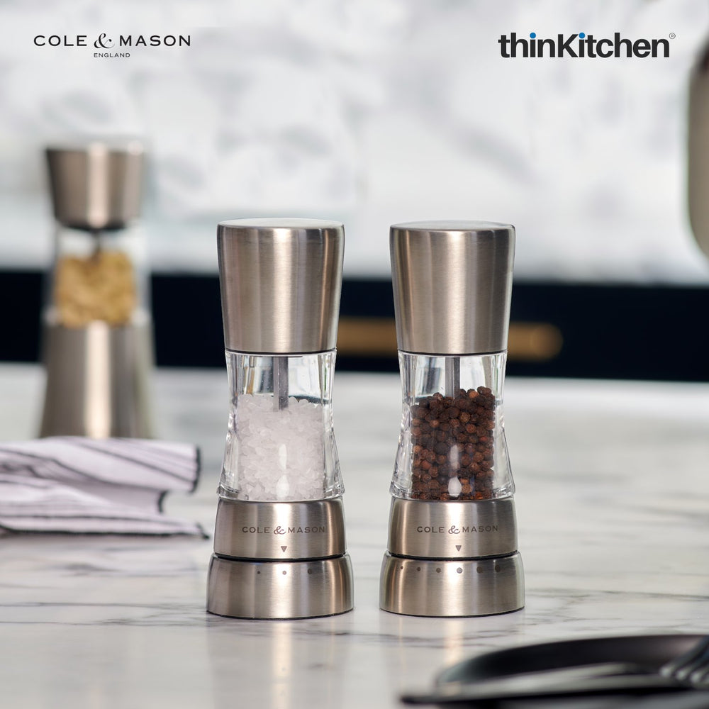 Cole & Mason Premium Derwent Mini Salt & Pepper Mill Set, 15.7cm | Transparent Acrylic & Stainless Steel Spice Grinder Set with Adjustable Grinding Levels