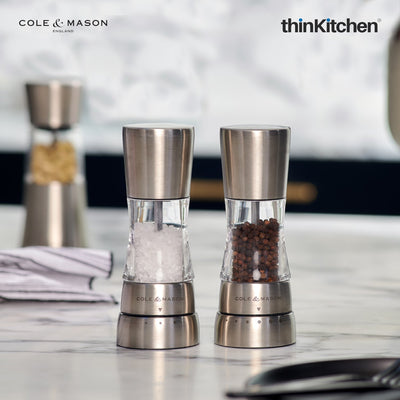 Cole & Mason Premium Derwent Mini Salt & Pepper Mill Set, 15.7cm | Transparent Acrylic & Stainless Steel Spice Grinder Set with Adjustable Grinding Levels