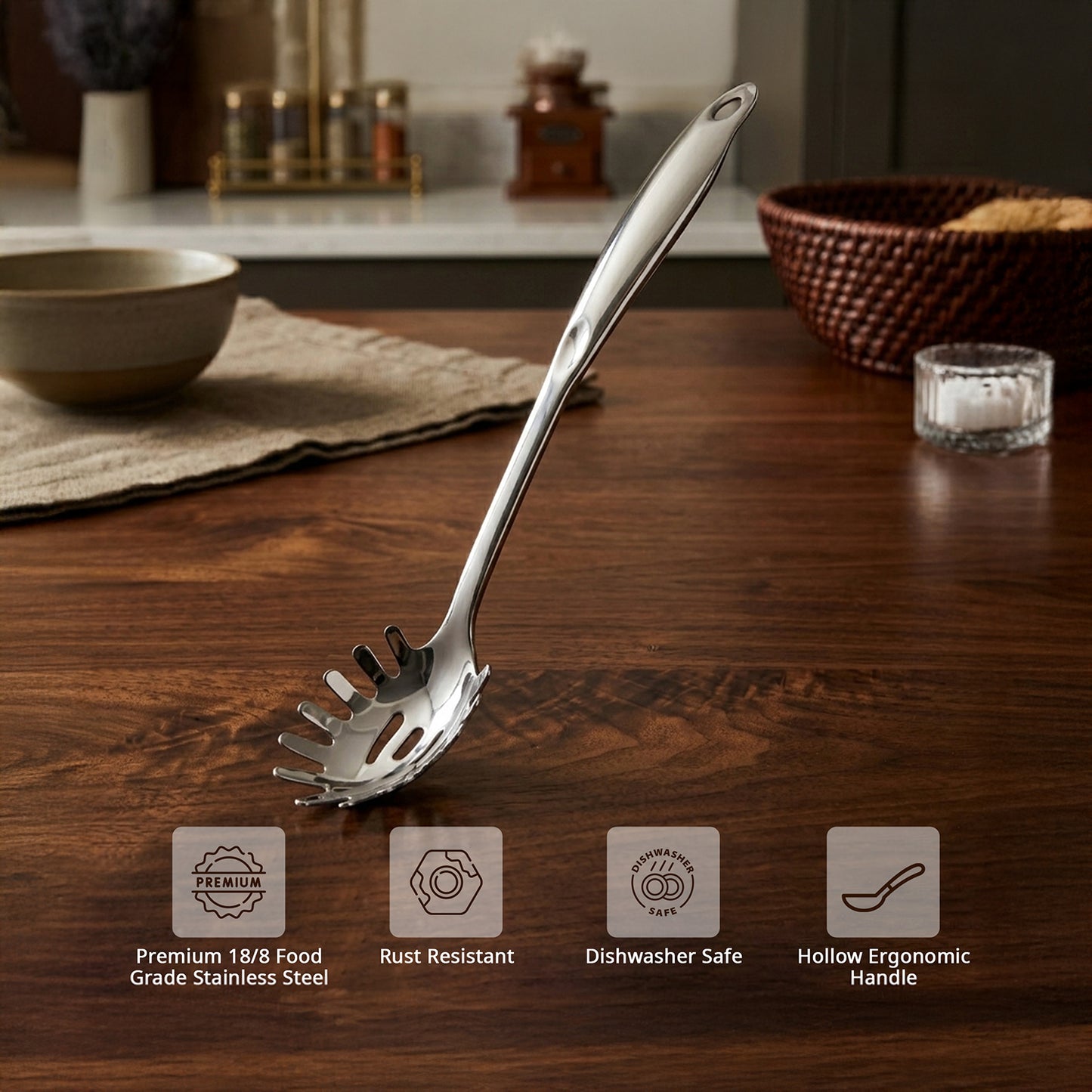 Culinex 18/8 Stainless Steel 12.8" Premium Hollow Handle Pasta Server Pasta Spaghetti Fork, Pasta Spoon, Noodle Fork | Rustproof, Dishwasher Safe