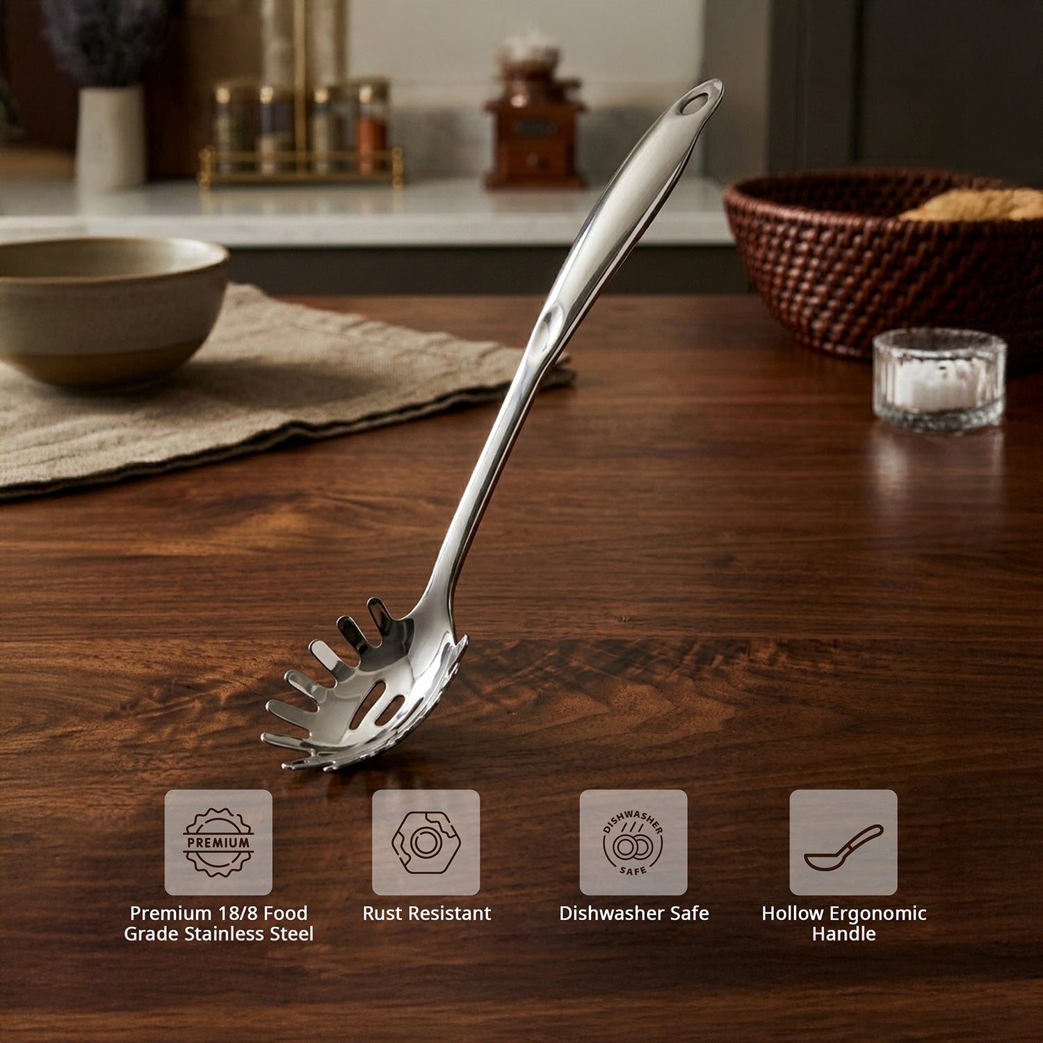 Culinex 18/8 Stainless Steel 12.8" Premium Hollow Handle Pasta Server Pasta Spaghetti Fork, Pasta Spoon, Noodle Fork | Rustproof, Dishwasher Safe - 4