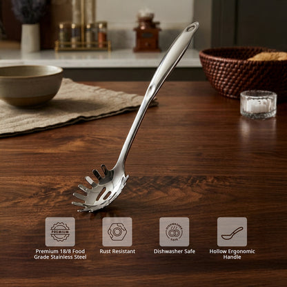 Culinex 18/8 Stainless Steel 12.8" Premium Hollow Handle Pasta Server Pasta Spaghetti Fork, Pasta Spoon, Noodle Fork | Rustproof, Dishwasher Safe