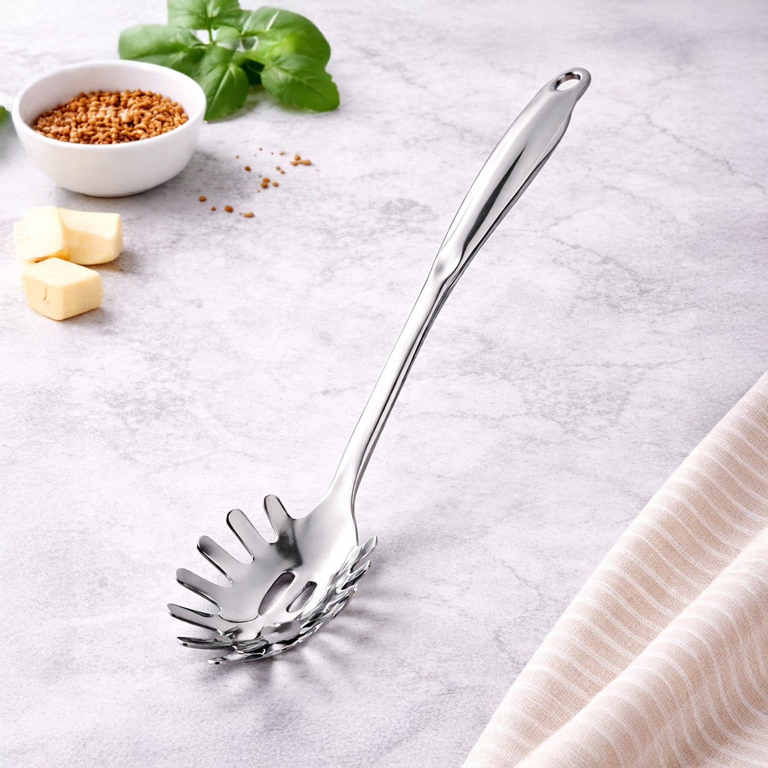 Culinex 18/8 Stainless Steel 12.8" Premium Hollow Handle Pasta Server Pasta Spaghetti Fork, Pasta Spoon, Noodle Fork | Rustproof, Dishwasher Safe - 1