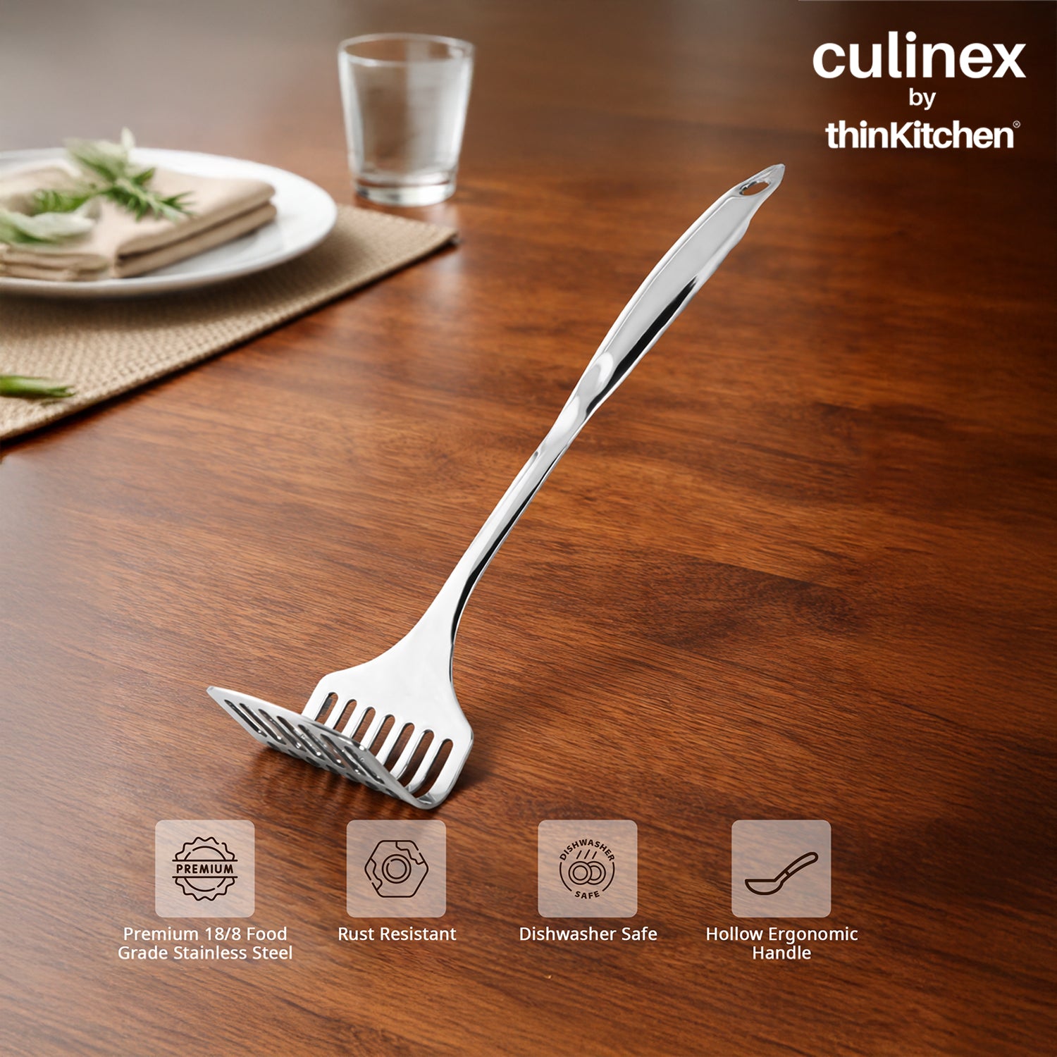 Culinex 18/8 Stainless Steel 13" Potato Masher with Hollow Handle | Rustproof Food Grade Smasher by thinKitchen - 4