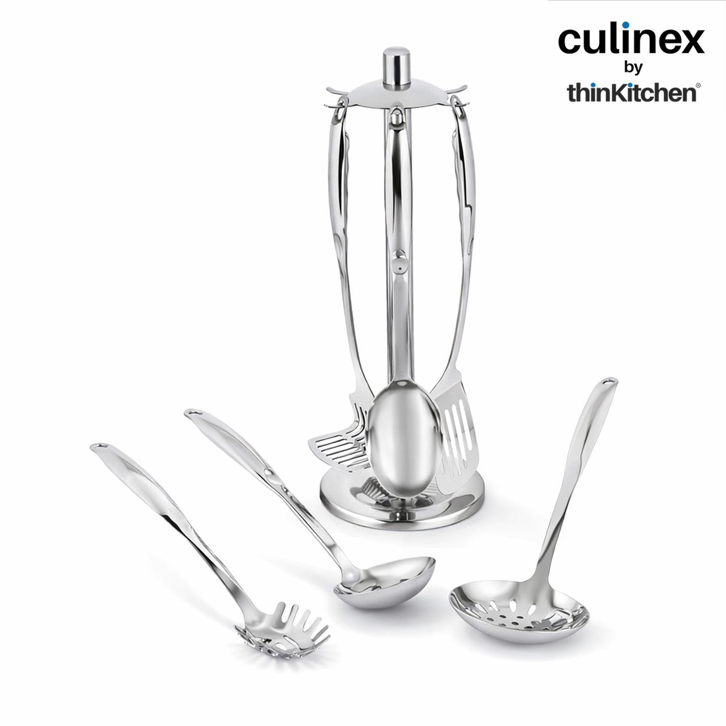 Culinex 18/8 Stainless Steel Premium Cooking Kitchen Tool set of 7 with Stand | Silver, Rustproof Food Grade Tool Set By thinKitchen