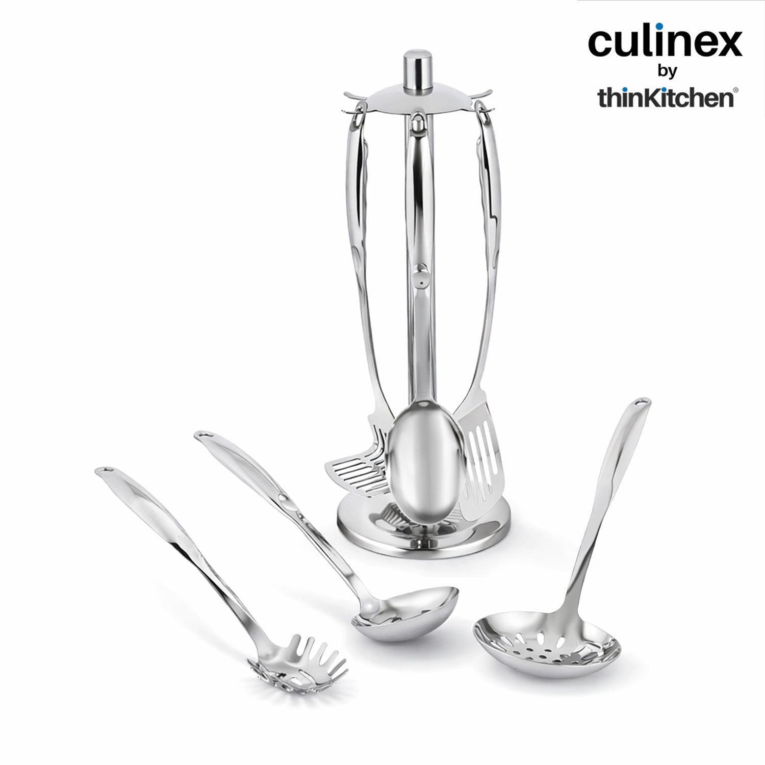 Culinex 18/8 Stainless Steel Premium Cooking Kitchen Tool set of 7 with Stand | Silver, Rustproof Food Grade Tool Set By thinKitchen - 2