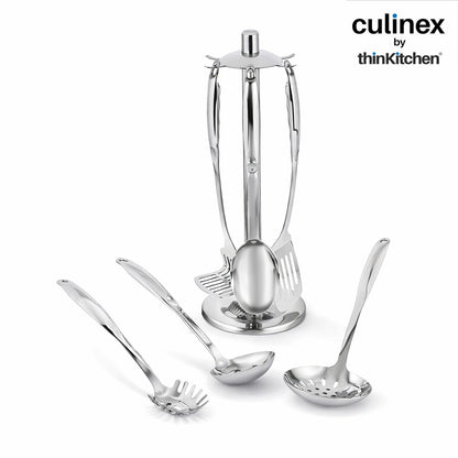 Culinex 18/8 Stainless Steel Premium Cooking Kitchen Tool set of 7 with Stand | Silver, Rustproof Food Grade Tool Set By thinKitchen